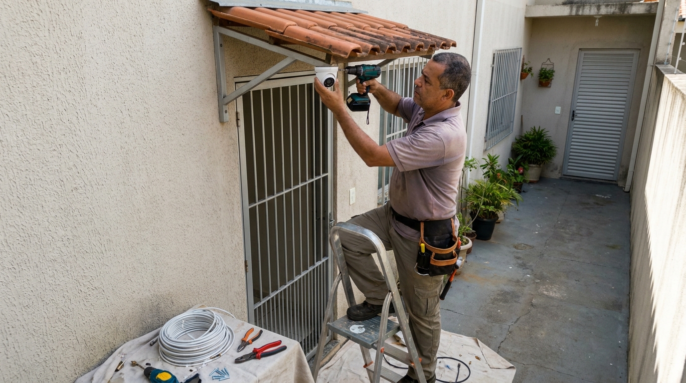 Eletricista instalando cameras de seguranca em Juiz de Fora‑MG